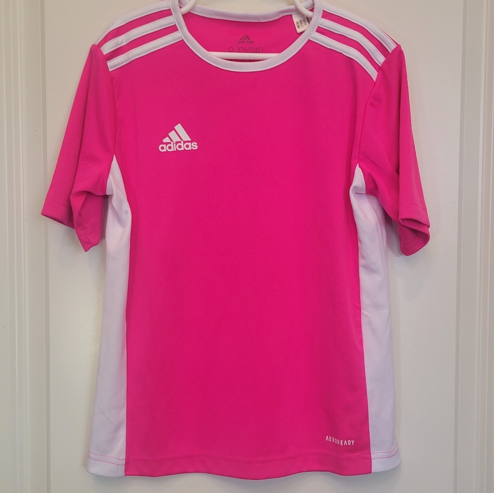 Pink white short sleeve top Size Small white side panels AEROREADY By ADIDAS